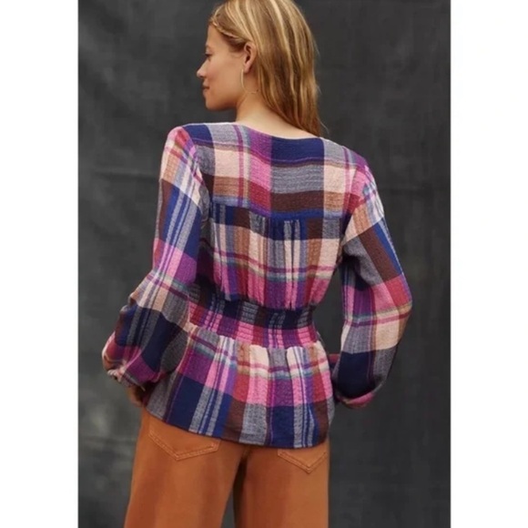 NWT Anthropologie Plaid Deep V-Neck Gauzy Cotton Blouse - Picture 3 of 7